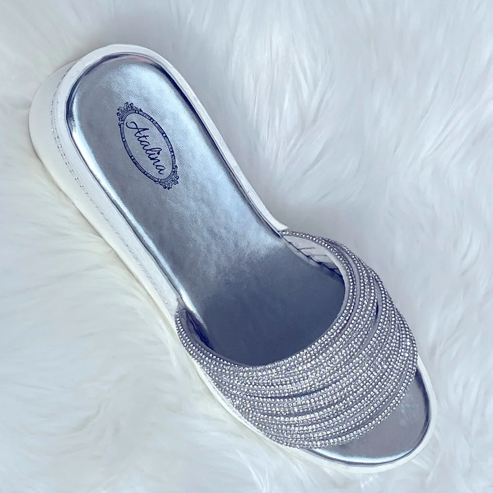 Restock! White Platform Silver Rhinestone Embellished Wedge Slide-In Sandals - Picture 7 of 12